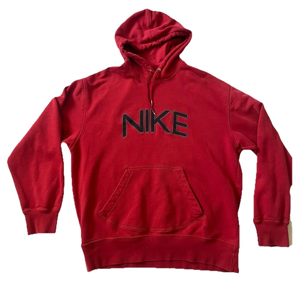 VTG Nike Hoodie Mens XL Spellout Sweatshirt Embroidered Y2K Silver Gray Tag Red